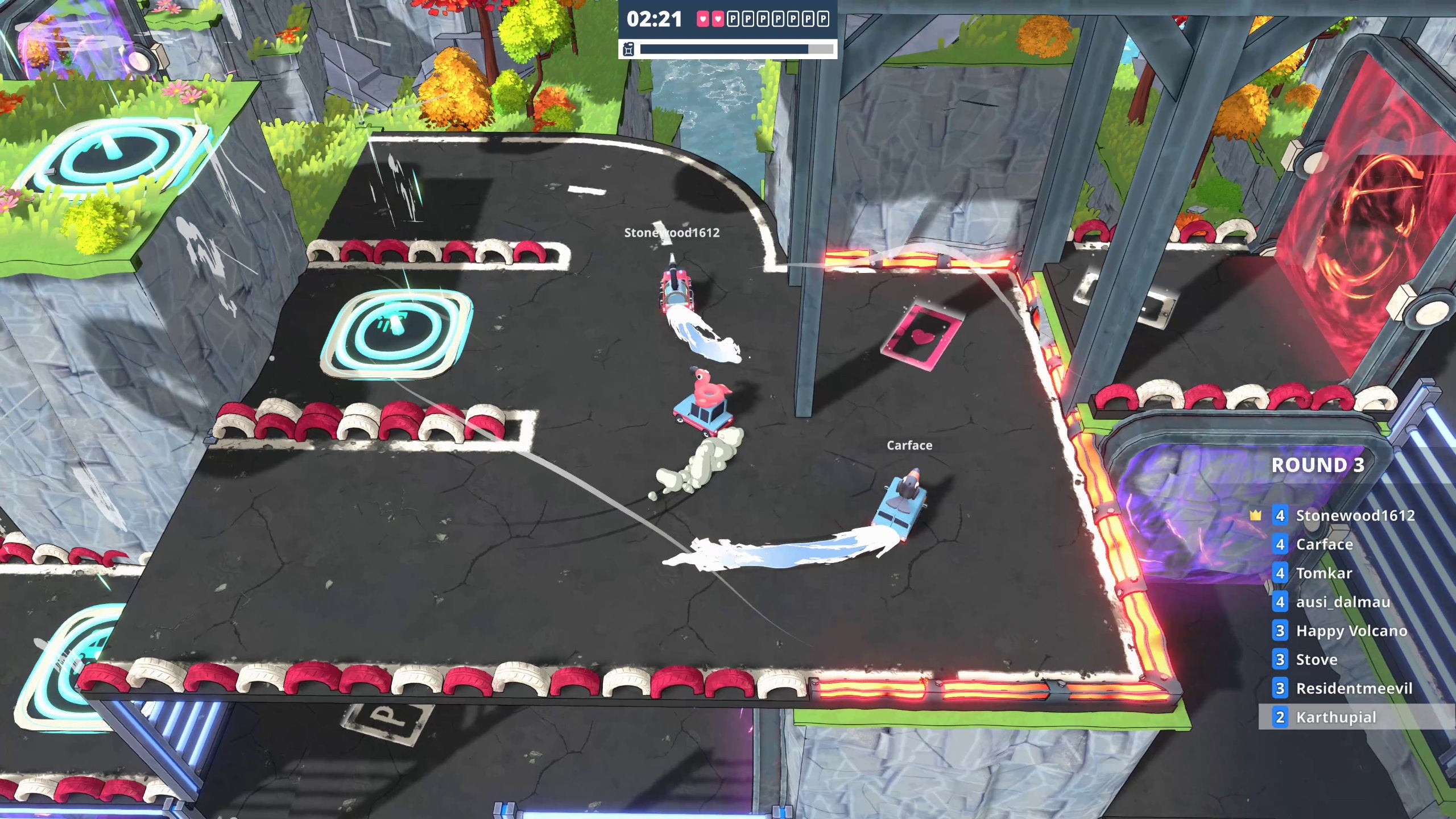 Colourful cars race to park and drive around jump pads in You Suck At Parking