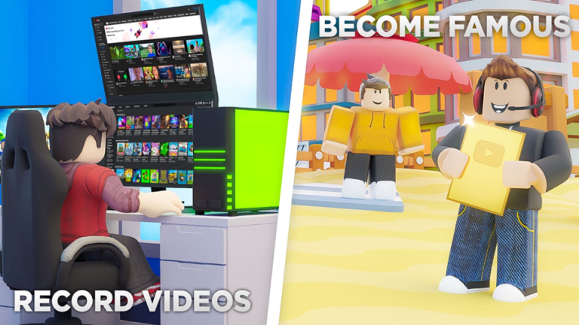 The Roblox banner for the YouTube Life experience. On the left, a character sits at a gaming computer recording a video. On the right, a character receives a Golden Play button for their YouTube fame.