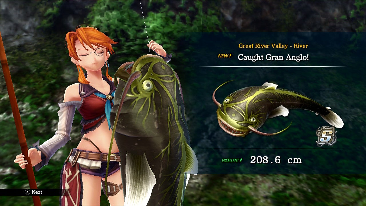 A character in Ys VIII proudly holding up a large green fish they have just caught