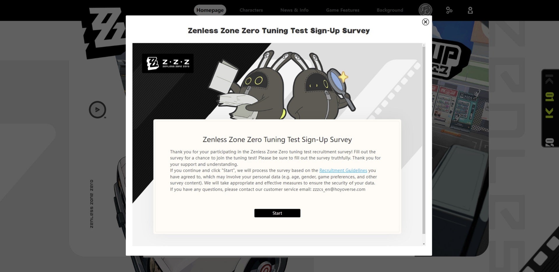 The Zenless Zone Zero beta tuning test survey start page, with a couple of MiHoYo bunnies highlighting links to additional information.